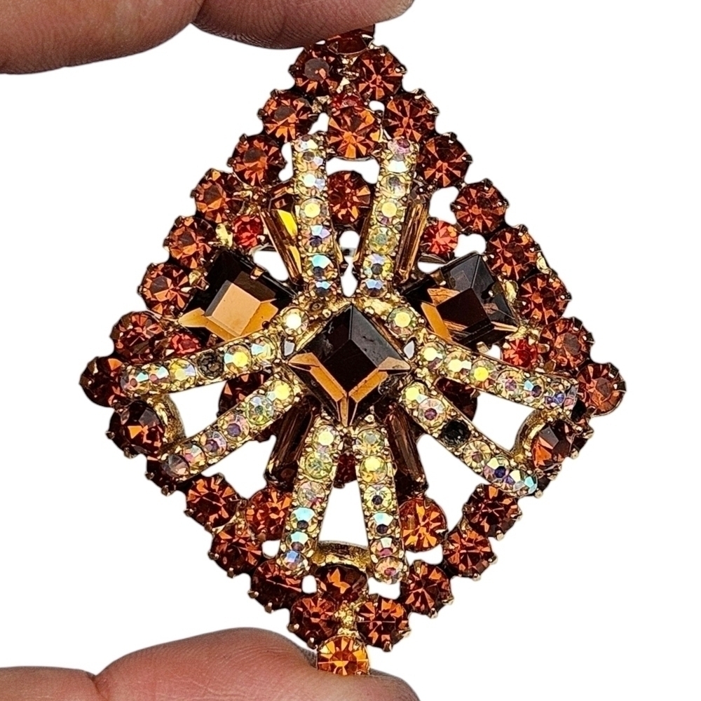 Juliana Rhinestone Brooch Pin Pendant Layered Topaz AB Orange Diamond Vtg D&E - Picture 7 of 12